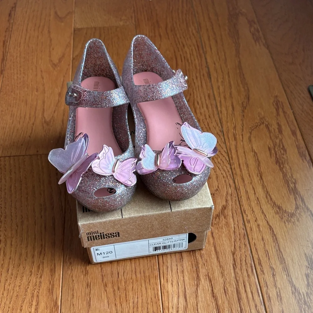 Mini Melissa Pink Glitter Mary Jane Shoes with Butterflies lightly used with box